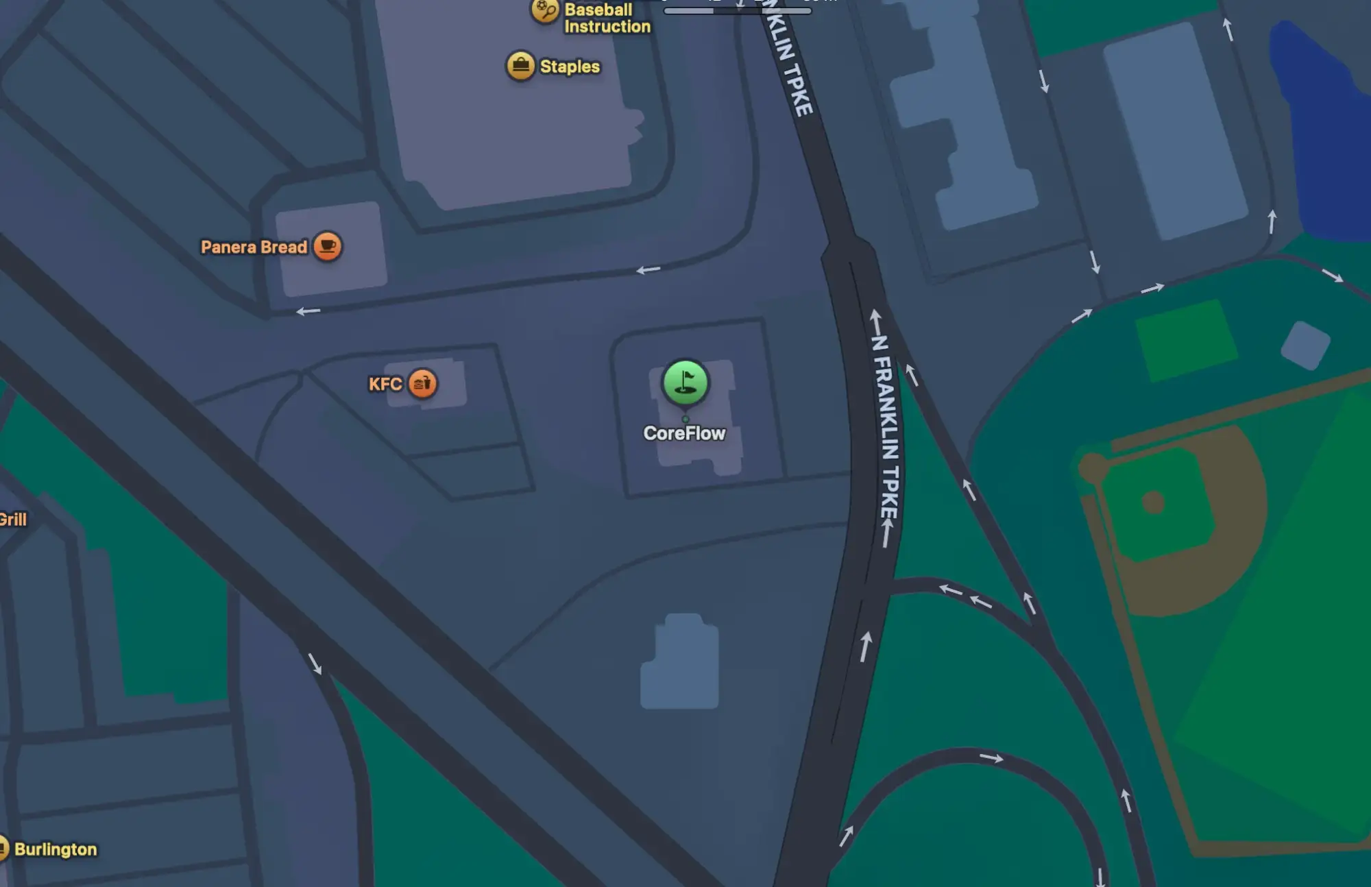 Map of the area around COREFLOW at 385 N Franklin Tpke, Ramsey, NJ 07446, on N Franklin Turnpike between Panera Bread and the Ramsey ball fields